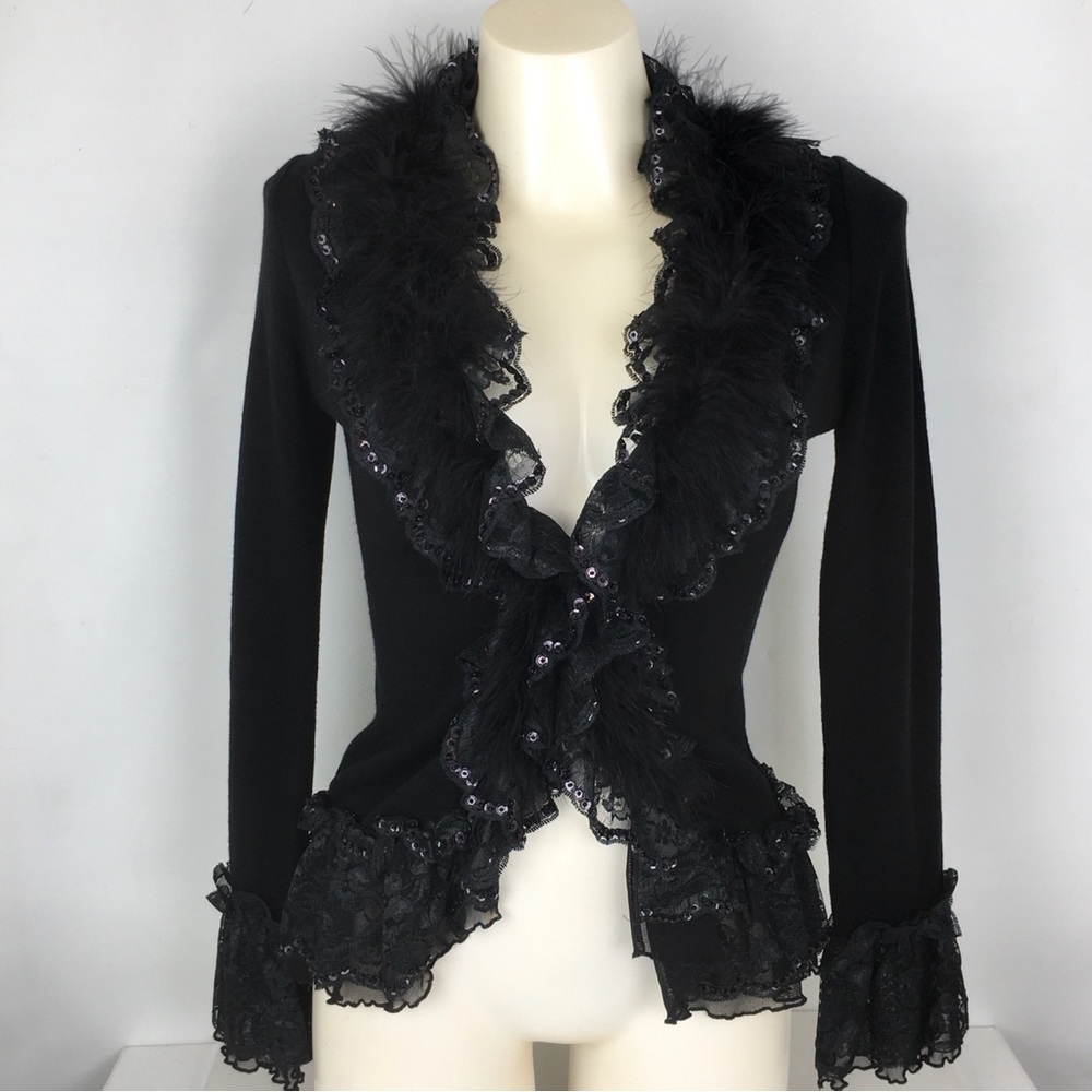 Vintage Y2K 90’s Fur Lace Trim Cardigan Sweater Wool Whimsigoth Witchy Size M